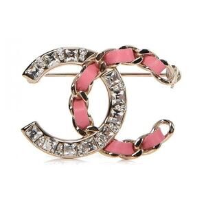 CHANEL Pink Gold CC Brooch with Crystals & Leather Accent EUC